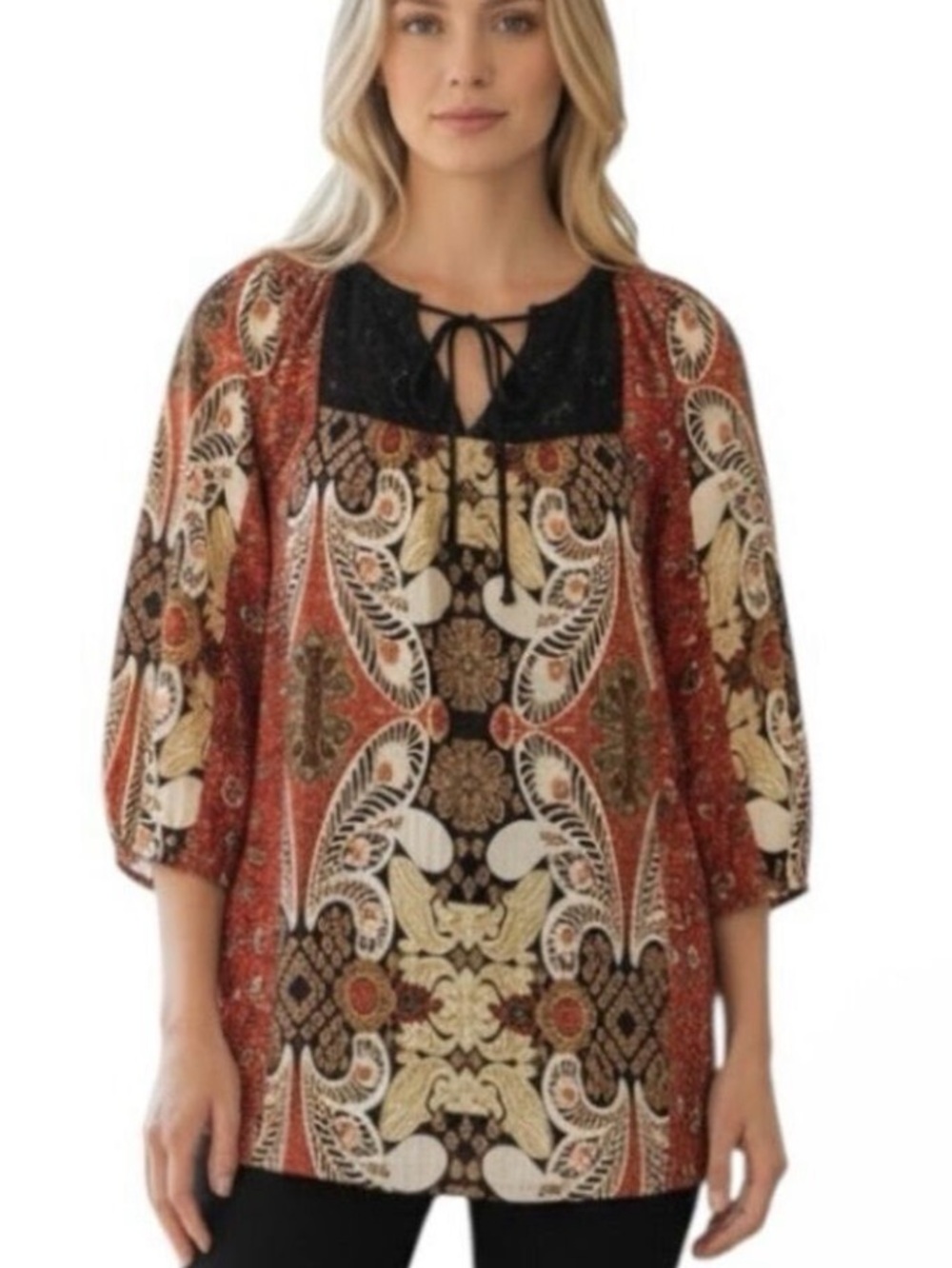 Figueroa & Flower Shirt Women’s  Floral Sheer Hi Low Hem 3/4 Sleeve Lace Trim XL